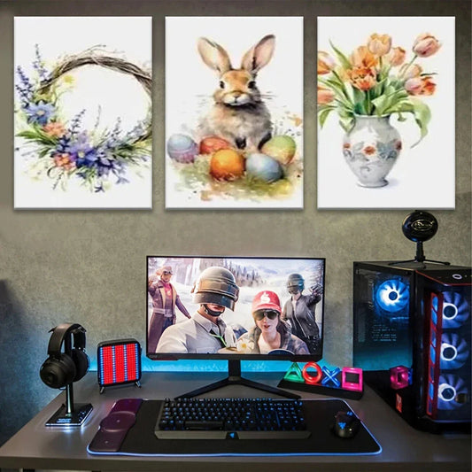 3pcs Vibrant Bunnies Floral Colourful Elegant Metal Print Ready to Hang Art