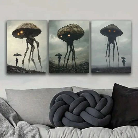 3pcs Mushroom Monster Theme Metal Print Ready to Hang Art