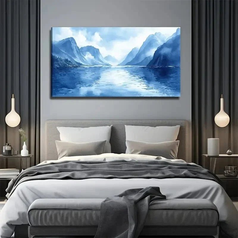 Blue Landscape Modern Wall Art Canvas Office Home Room Framed 80x45cm