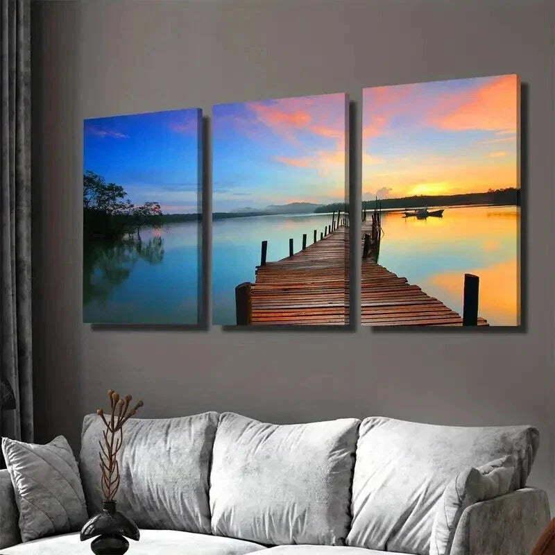 3pcs Tranquil Lake & Sunset Scene Vibrant Wall Art Set Canvas Framed 40x60cm - High Quality Print 100% Australian Made Wall Canvas Ready to Hang