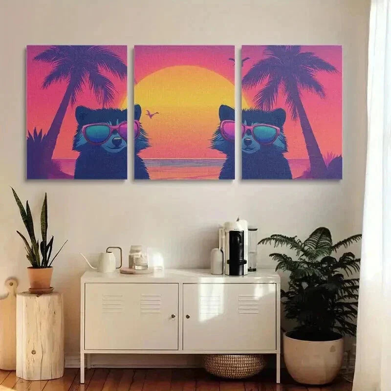 3pcs Raccoons in Fashion Glasses Beach Sunset Wall Art Set Canvas Framed 40x60cm - High Quality Print 100% Australian Made Wall Canvas Ready to Hang