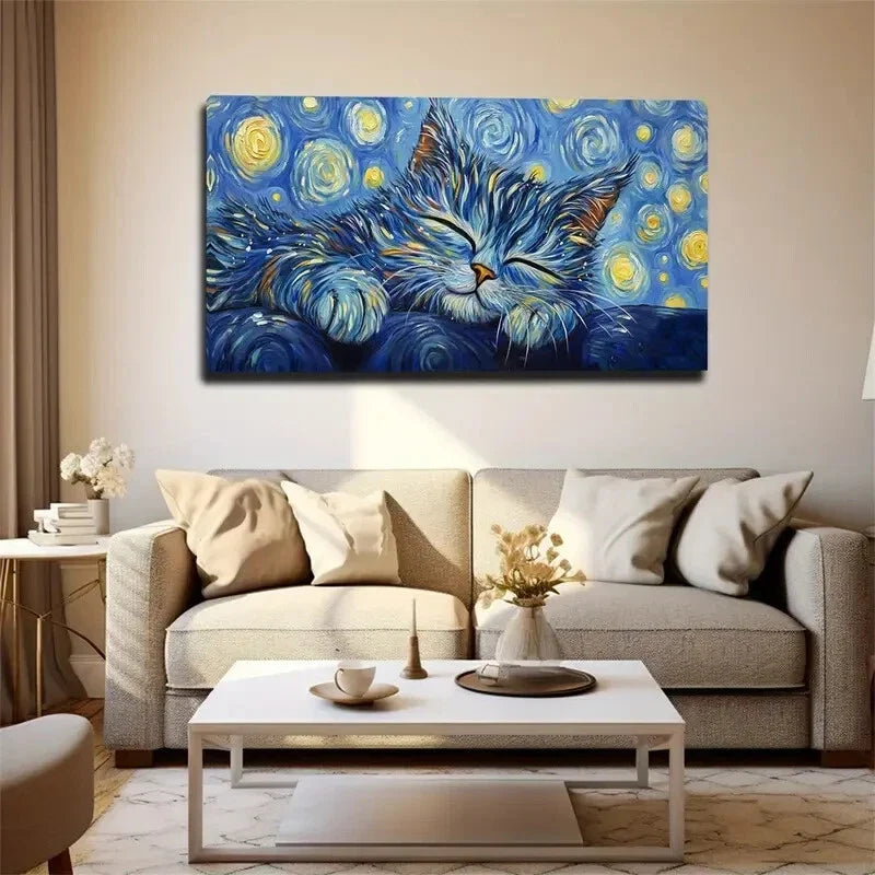 Sleeping Cat With Vibrant Blue Wall Art Canvas Office Home Room Framed 120x60cm