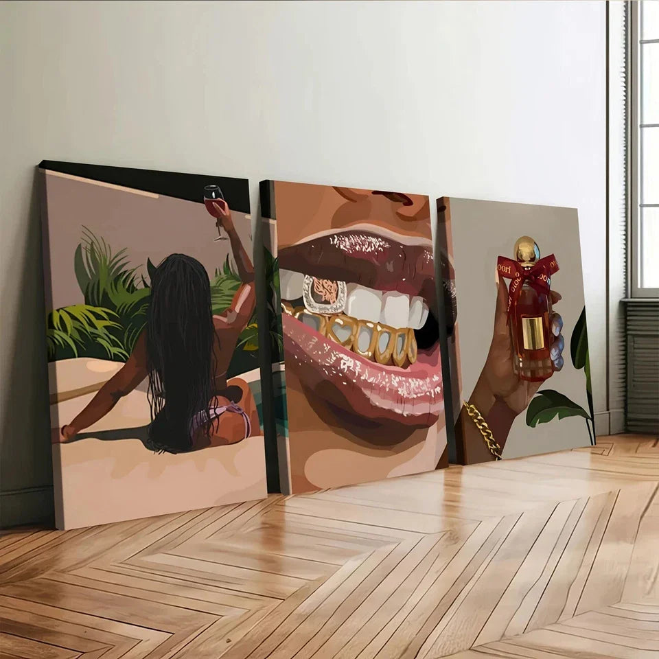 3pcs Woman Art Black Girl Green Leaves Red Gold Wall Art Set Canvas Framed 40x60cm - High Quality Print 100% Australian Made Wall Canvas Ready to Hang