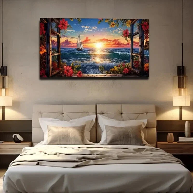 Vibrant Ocean & Sailing Boat Scene Art Canvas Office Home Room Framed 120x60cm