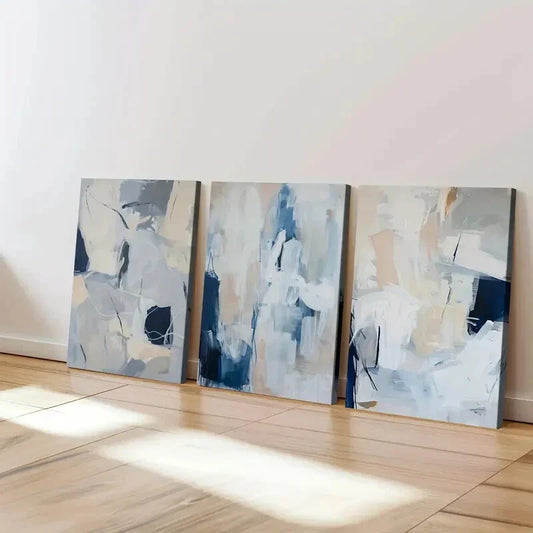 3pcs Abstract Brush Stroke Geometric Modern Blue Wall Art Set Canvas Framed 40x60cm - High Quality Print 100% Australian Made Wall Canvas Ready to Hang