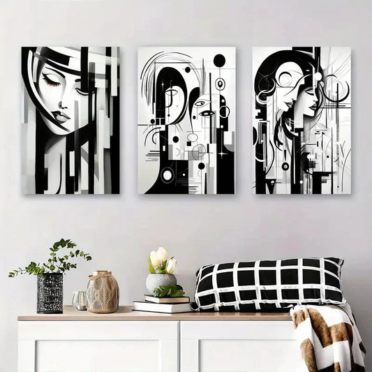 3pcs Abstract Black and White Woman Portrait Metal Print Ready to Hang Art