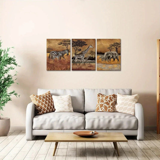 3pcs Zebra, Giraffe and Elephant African Animals Metal Print Ready to Hang Art