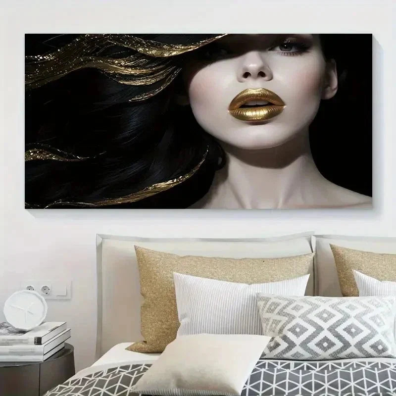 Long Black Hair & Golden Metal Wall Art Canvas Office Home Room Framed 120x60cm