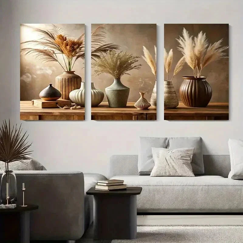 3pcs Vintage Vase and Pampas Grass Metal Print Ready to Hang Art