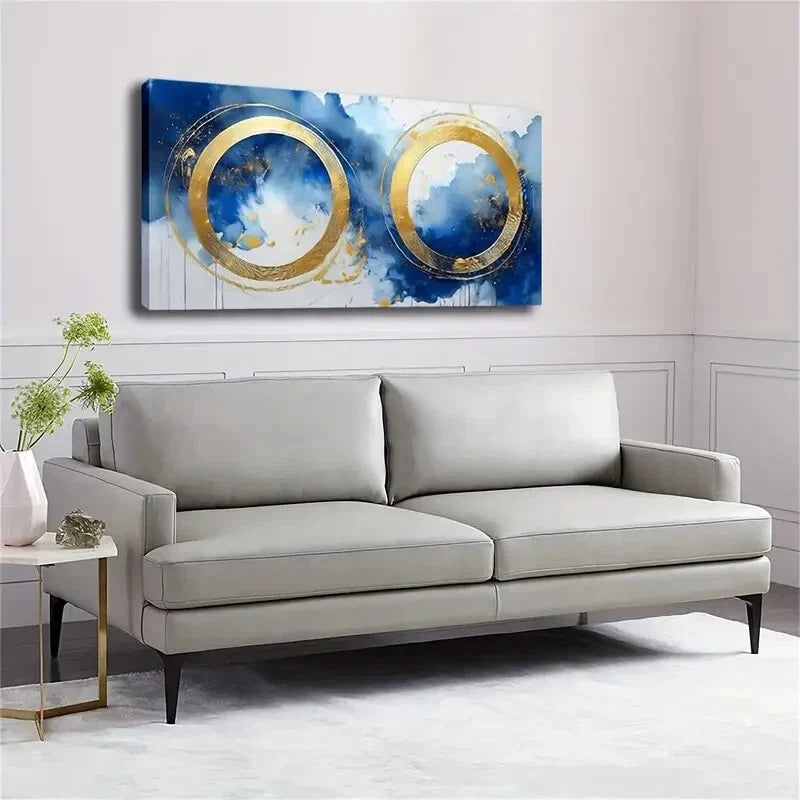 Abstract Golden Circles on Blue Wall Art Canvas Office Home Room Framed 80x45cm