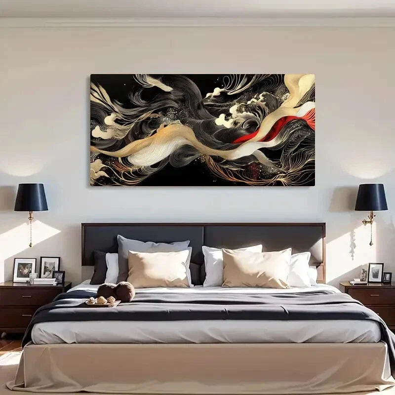 Vibrant Swirling Design Golden Wall Art Canvas Office Home Room Framed 120x60cm