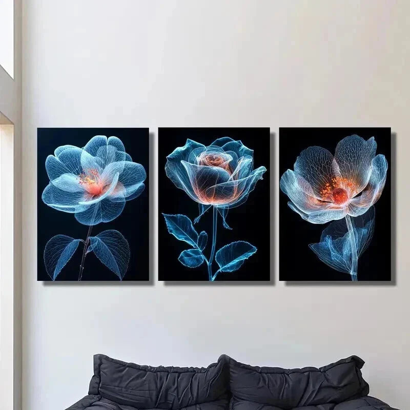 3pcs Crystal Rose Flower on Dark Background Wall Art Set Canvas Framed 40x60cm - High Quality Print 100% Australian Made Wall Canvas Ready to Hang