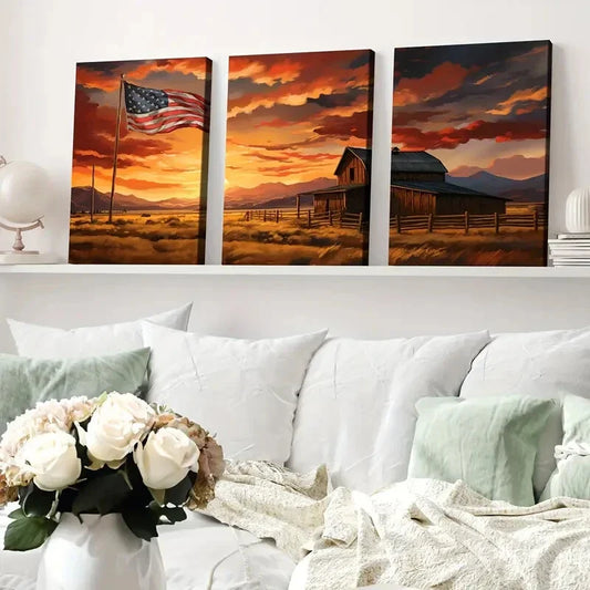 3pcs Rustic Barn American Flag Sun Shine Clouds Wall Art Set Canvas Framed 40x60cm - High Quality Print 100% Australian Made Wall Canvas Ready to Hang