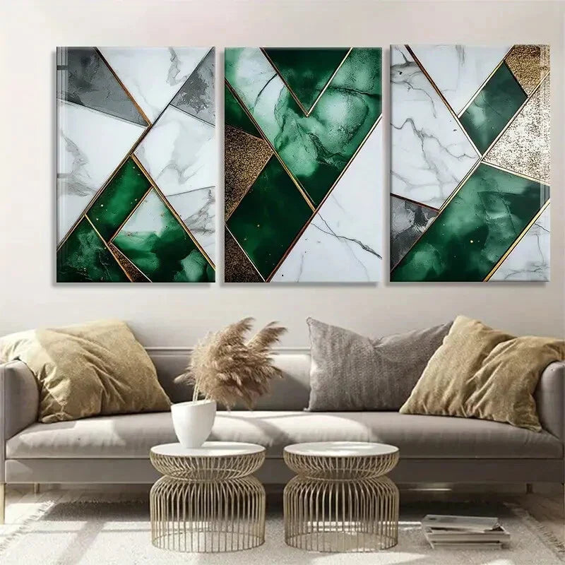 3pcs Green Marble and White Geometric Perfect Wall Art Set Canvas Framed 40x60cm - High Quality Print 100% Australian Made Wall Canvas Ready to Hang
