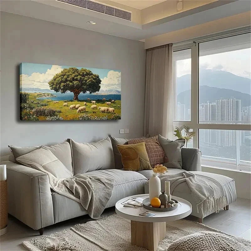 Group Of Sheep Grazing Modern Wall Art Canvas Office Home Room Framed 120x60cm
