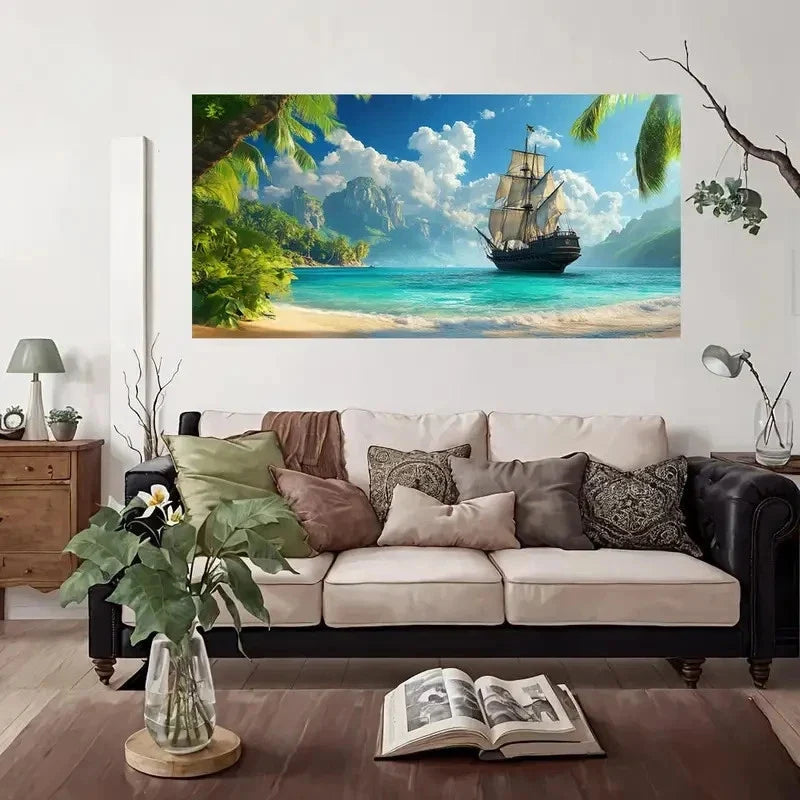 Tropical Island Sail Adventure Wall Art Canvas Office Home Room Framed 80x45cm