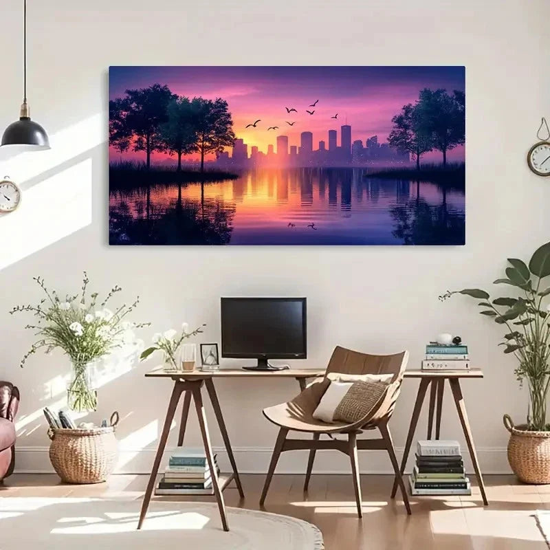 Pink Purple City Skyline Lands Wall Art Canvas Office Home Room Framed 120x60cm