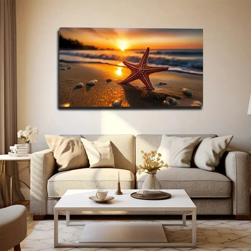 Starfish & Serene Ocean Wall Art Canvas Office Home Room Framed 80x45cm