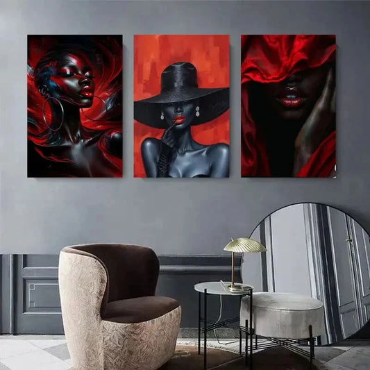3pcs Elegant Black and Red Portrait Modern Metal Print Ready to Hang Art