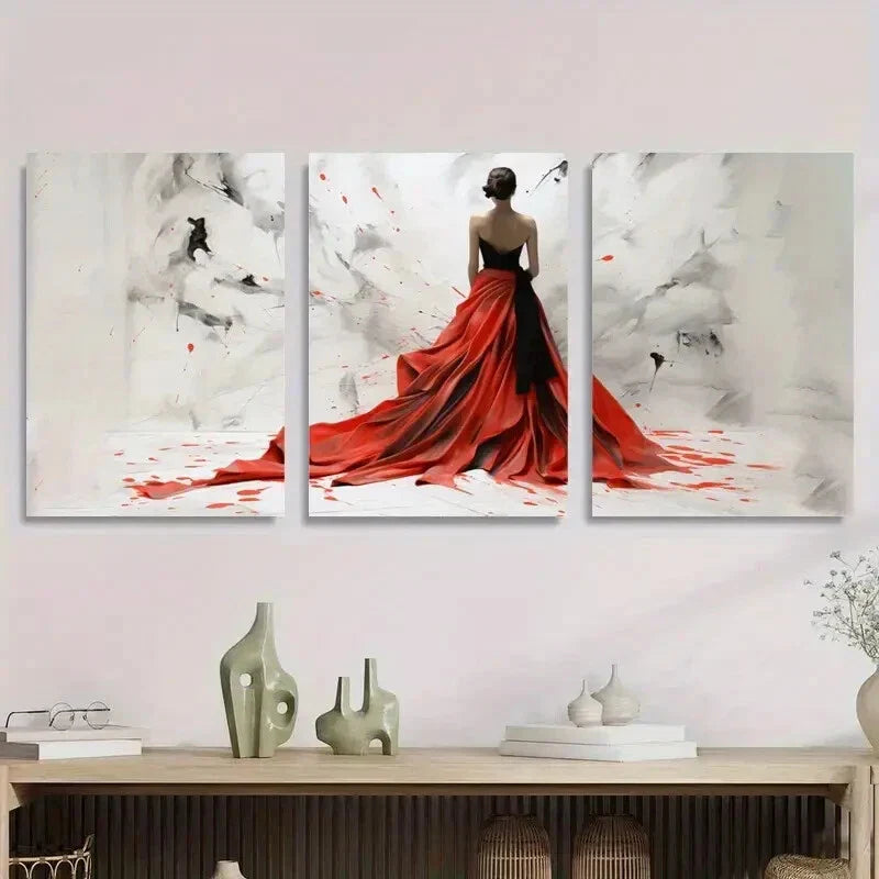 3pcs Elegant Red Dress Woman Abstract Metal Print Ready to Hang Art