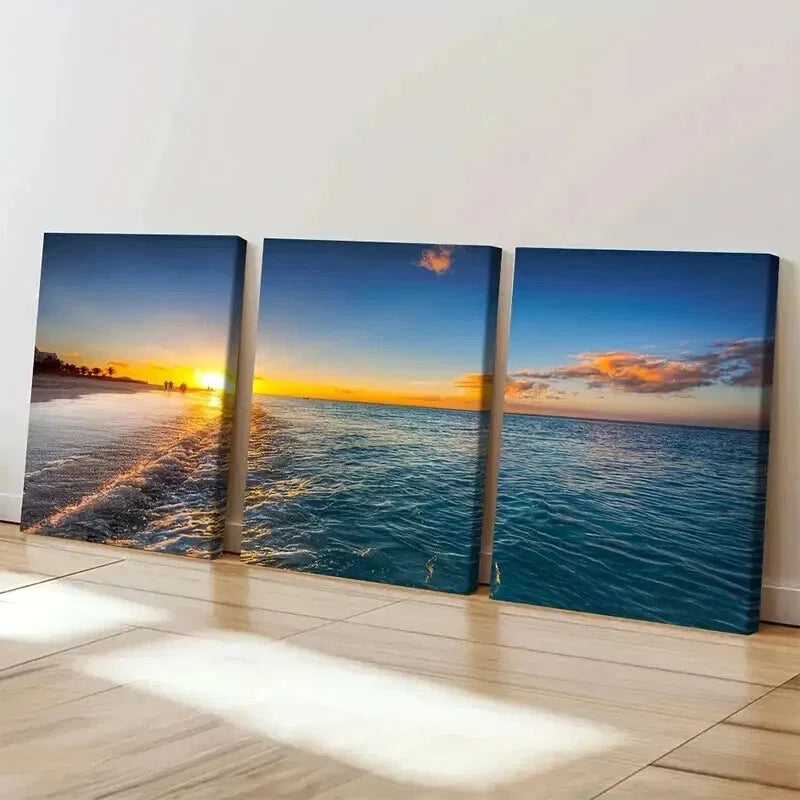3pcs Beach with Yellow and Blue Skies Wall Art Set Canvas Framed 40x60cm - High Quality Print 100% Australian Made Wall Canvas Ready to Hang