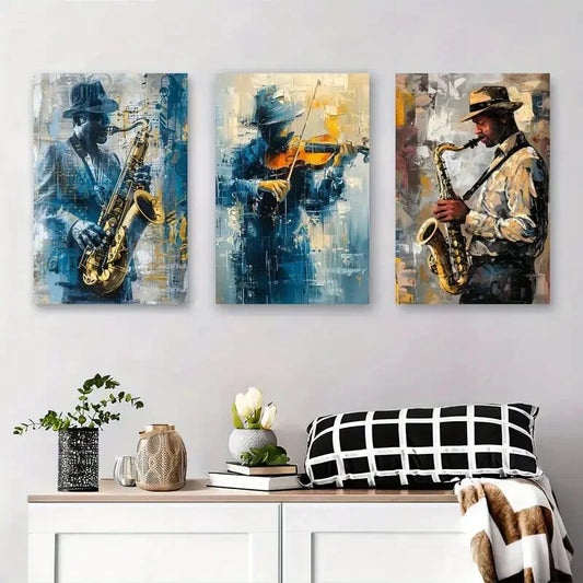 3pcs Saxophone, Violin, Saxophone Player Yellow Metal Print Ready to Hang Art