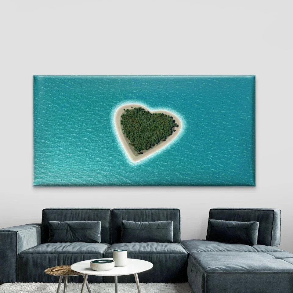 Paradise Island Form Heart Wall Art Canvas Office Home Room Framed 80x45cm