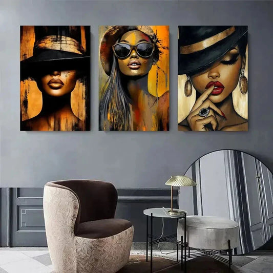 3pcs Women with Hats and Fashion Glasses Metal Print Ready to Hang Art