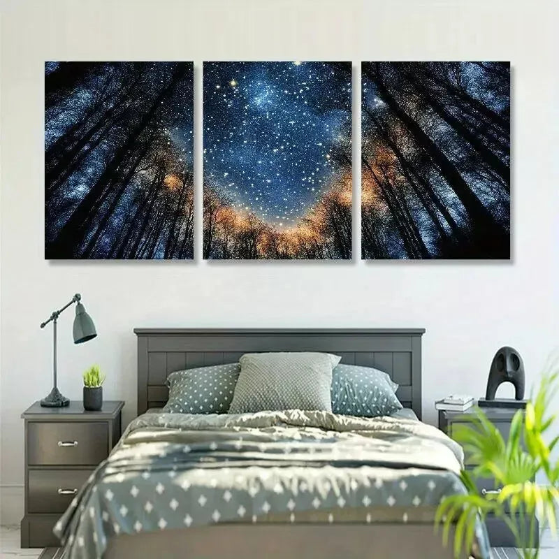 3pcs Modern Blue Starry Night Forest Tree Wall Art Set Canvas Framed 40x60cm - High Quality Print 100% Australian Made Wall Canvas Ready to Hang