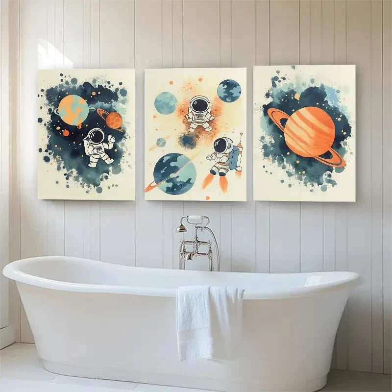 3pcs Playful Astronauts in Space Color Perfect Wall Art Set Canvas Framed 40x60cm - High Quality Print 100% Australian Made Wall Canvas Ready to Hang
