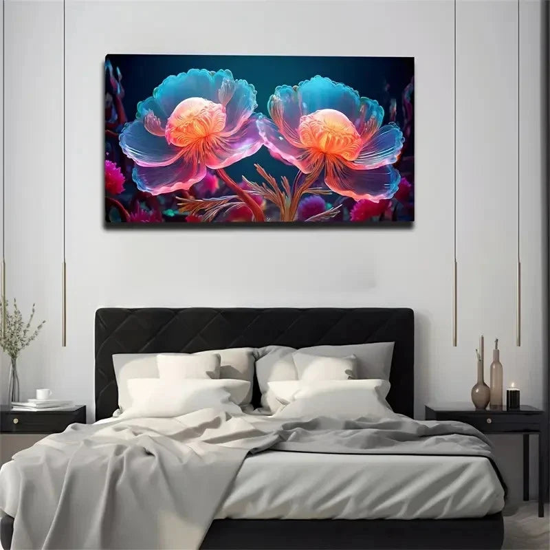 Vibrant Fluorescent Flowers Wall Art Canvas Office Home Room Framed 120x60cm