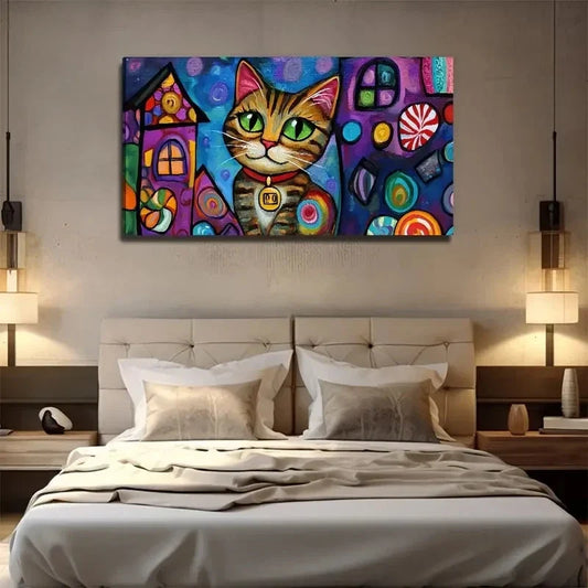 Cartoon Cat Aesthetic Wall Art Canvas Office Home Room Framed 120x60cm