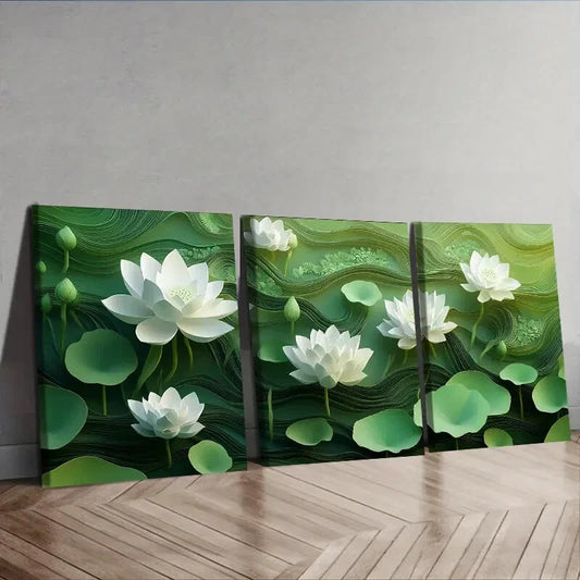 3pcs White Lotus Flower Wall Art Set Canvas Framed 40x60cm - High Quality Print 100% Australian Made Wall Canvas Ready to Hang