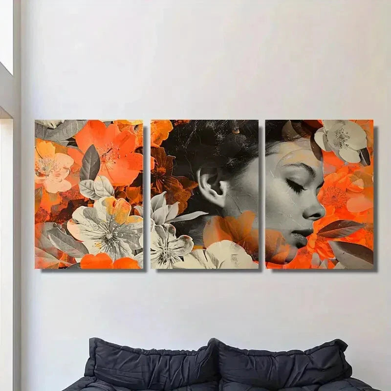 3pcs Abstract Floral Women Portraits, Orange Metal Print Ready to Hang Art