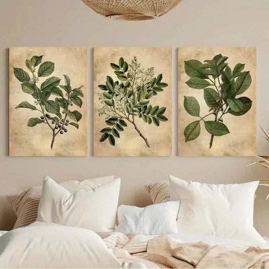 3pcs Green Leaves Antique Botanical Book Metal Print Ready to Hang Art