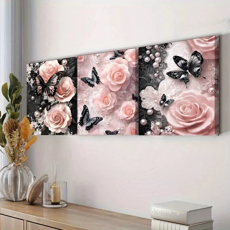 3pcs Black Butterflies In Pink Roses Floral Wall Art Set Canvas Framed 40x60cm - High Quality Print 100% Australian Made Wall Canvas Ready to Hang
