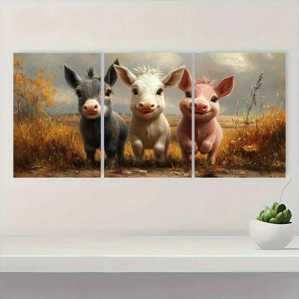 3pcs Farmhouse Animal Cow Donkey Pig Metal Print Ready to Hang Art
