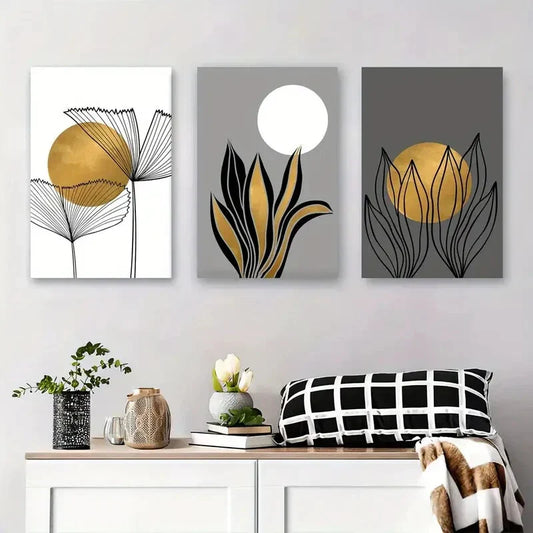 3pcs Golden Geometric Sun, Abstract Plants Metal Print Ready to Hang Art