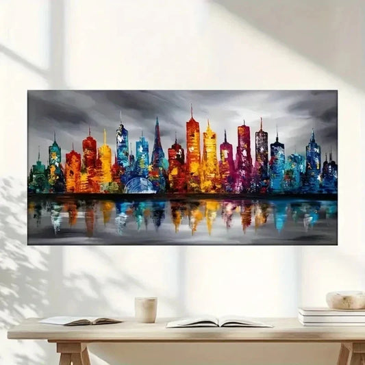 A City Of Reflection Abstract Wall Art Canvas Office Home Room Framed 80x45cm
