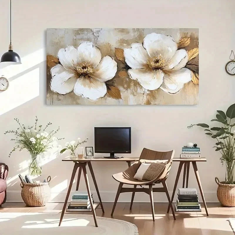 Golden Leaves And White Flowers Wall Art Canvas Office Home Room Framed 80x45cm
