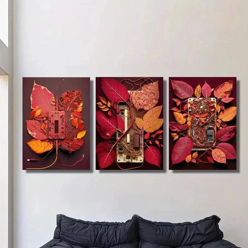 3pcs Red Circuit Board with Leaves Wall Art Set Canvas Framed 40x60cm - High Quality Print 100% Australian Made Wall Canvas Ready to Hang
