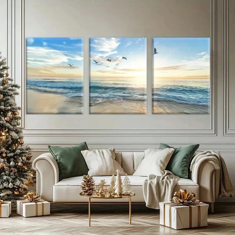 3pcs Modern Beach Sunset with Birds & Waves Wall Art Set Canvas Framed 40x60cm - High Quality Print 100% Australian Made Wall Canvas Ready to Hang