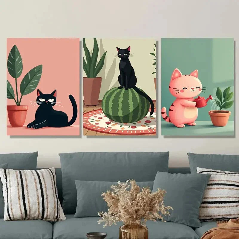 3pcs Charming Cat Cute Black And Pink Kitties Wall Art Set Canvas Framed 40x60cm - High Quality Print 100% Australian Made Wall Canvas Ready to Hang