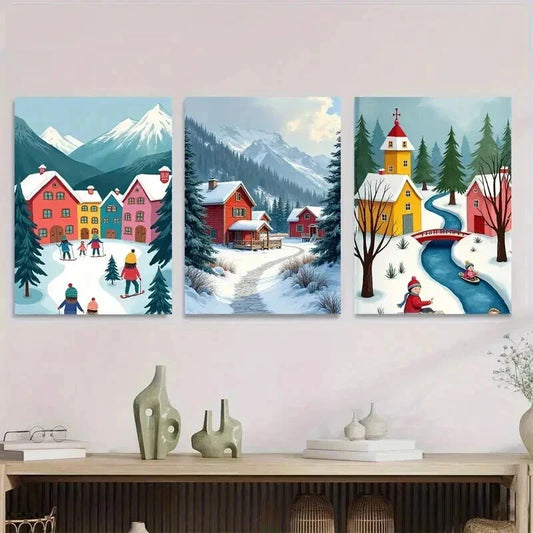 3pcs Village Triptych Vibrant Snowy Mountain Wall Art Set Canvas Framed 40x60cm - High Quality Print 100% Australian Made Wall Canvas Ready to Hang