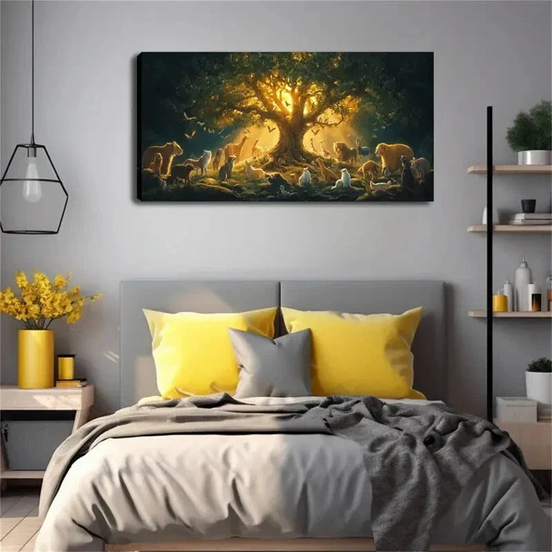 Animal Gathering Scene Fantasy Wall Art Canvas Office Home Room Framed 80x45cm