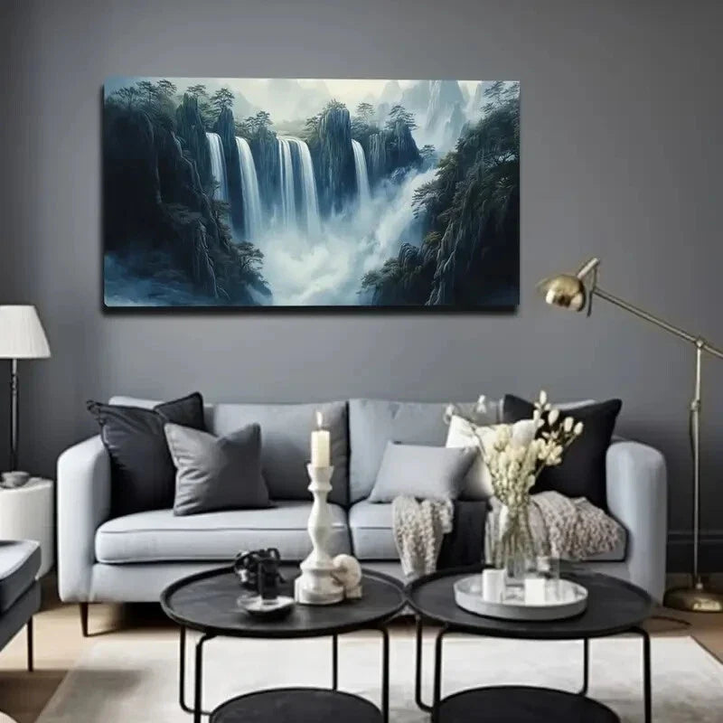 Grand Mountain Waterfall Lands Wall Art Canvas Office Home Room Framed 120x60cm