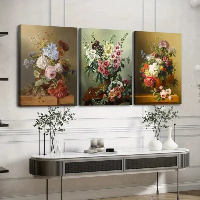 3pcs Retro Vintage Oil Paint Style Flowers Lion Wall Art Set Canvas Framed 40x60cm - High Quality Print 100% Australian Made Wall Canvas Ready to Hang