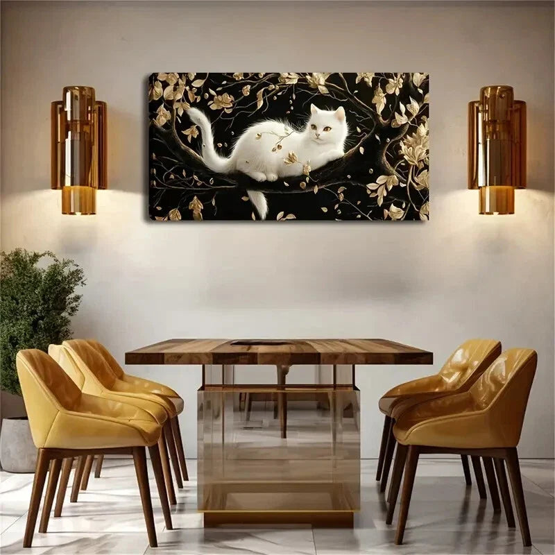 White Cat Lying on Golden Leave Wall Art Canvas Office Home Room Framed 120x60cm