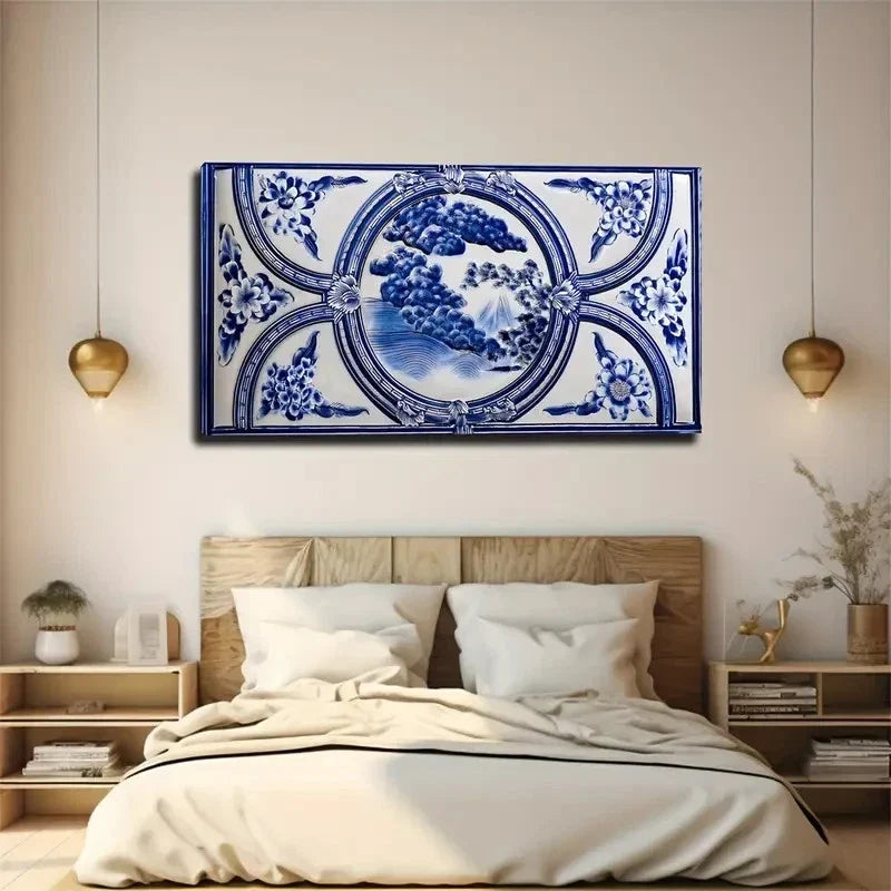 Blue And White Porcelain Wall Art Canvas Office Home Room Framed 80x45cm