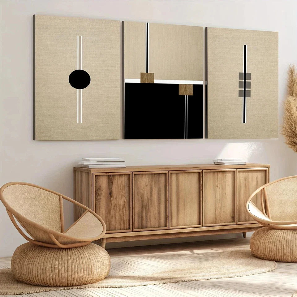3pcs Black Round Box Lines White Lines Wall Art Set Canvas Framed 40x60cm - High Quality Print 100% Australian Made Wall Canvas Ready to Hang